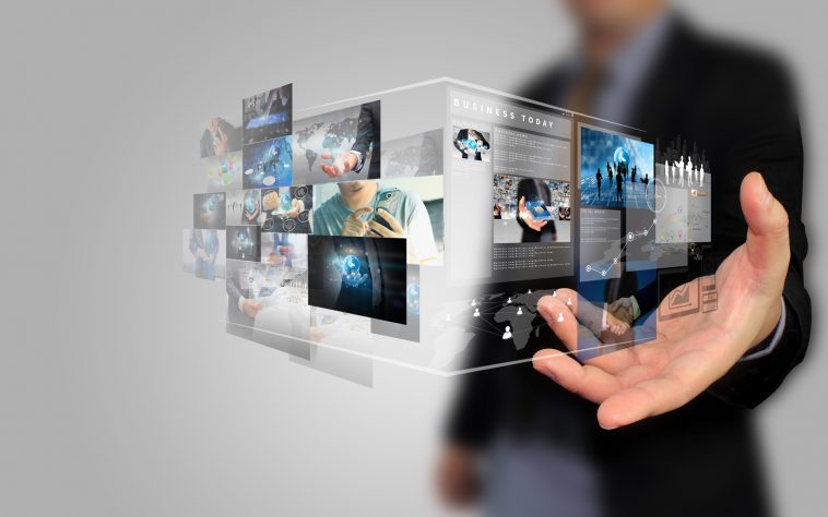 businessman holding social media concept.