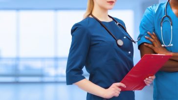 faceless promotional banner. an impersonated couple of medical workers a female nurse or an African American doctor for advertising image covers. medicine advertisement design
