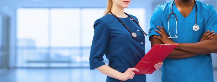faceless promotional banner. an impersonated couple of medical workers a female nurse or an African American doctor for advertising image covers. medicine advertisement design