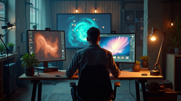 A cinematic styles of demonstrate a designer setting on a designing studio and using a computer to do graphical work.